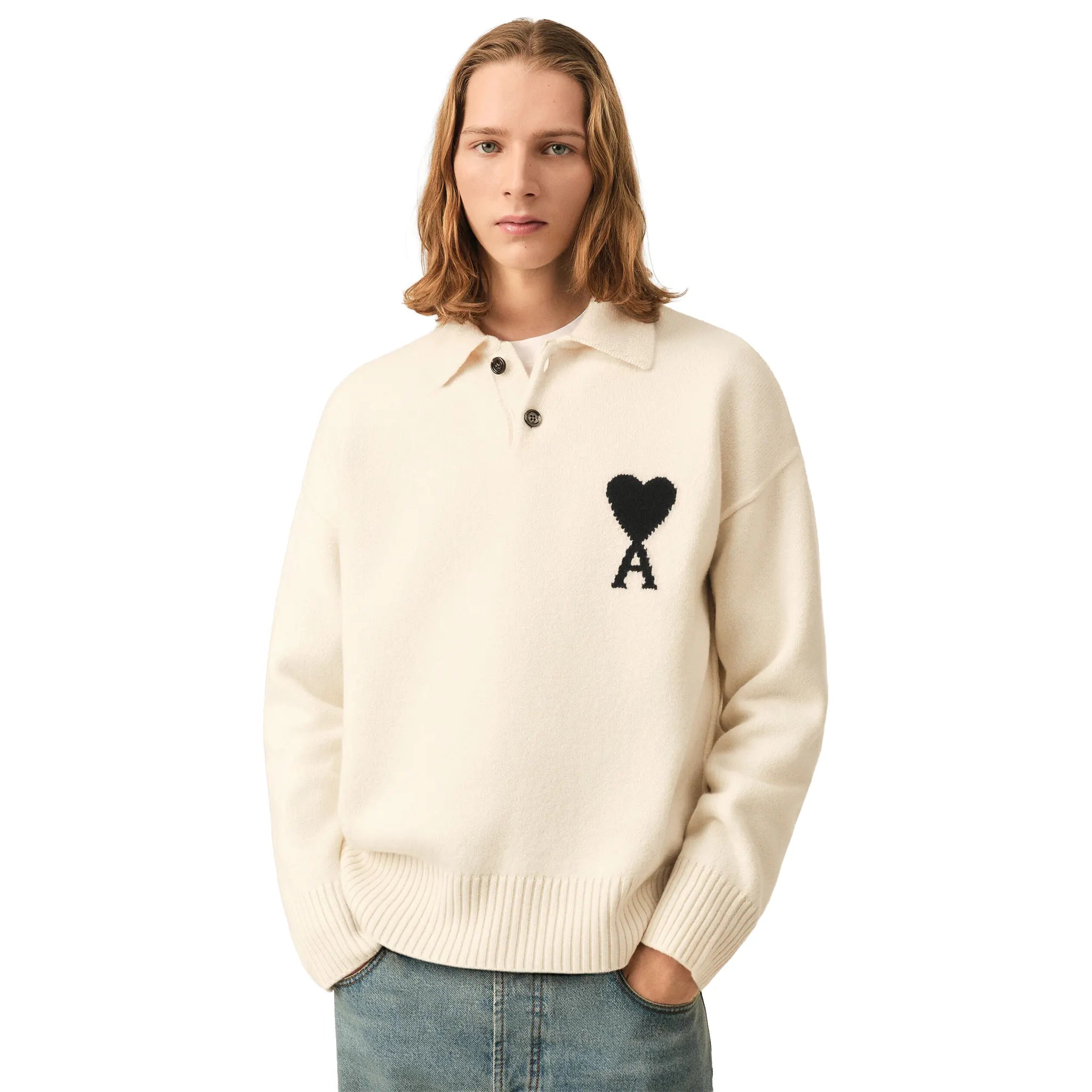Front View of Ami Paris Ami De Coeur Wool Heather Off White Black Polo Sweatshirt